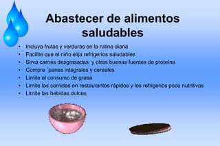 Abastecer de alimentos
saludables
• Incluya frutas y verduras en la rutina diaria
• Facilite que el niño elija refrigerios saludables
• Sirva carnes desgrasadas y otras buenas fuentes de proteína
• Compre ´panes integrales y cereales
• Limite el consumo de grasa
• Limite las comidas en restaurantes rápidos y los refrigerios poco nutritivos
• Limite las bebidas dulces
 