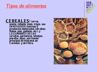 Tipos de alimentos CEREALES :   (arroz, avena, cebada, maíz, trigo), sus DERIVADOS (harinas y productos elaborados con ellas: fideos, pan, galletas, etc.) y LEGUMBRES SECAS (arvejas, garbanzos, lentejas, porotos, soja): son fuente principal de Hidratos de Carbono  y de Fibra.  