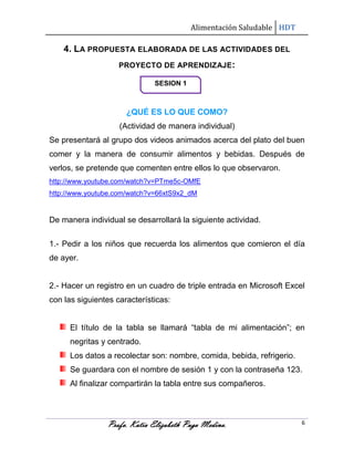 Alimentación Saludable HDT

4. LA PROPUESTA ELABORADA DE LAS ACTIVIDADES DEL
PROYECTO DE APRENDIZAJE:
SESION 1

¿QUÉ ES LO QUE COMO?
(Actividad de manera individual)
Se presentará al grupo dos videos animados acerca del plato del buen
comer y la manera de consumir alimentos y bebidas. Después de
verlos, se pretende que comenten entre ellos lo que observaron.
http://www.youtube.com/watch?v=PTme5c-OMfE
http://www.youtube.com/watch?v=66xtS9x2_dM

De manera individual se desarrollará la siguiente actividad.
1.- Pedir a los niños que recuerda los alimentos que comieron el día
de ayer.

2.- Hacer un registro en un cuadro de triple entrada en Microsoft Excel
con las siguientes características:
El título de la tabla se llamará “tabla de mi alimentación”; en
negritas y centrado.
Los datos a recolectar son: nombre, comida, bebida, refrigerio.
Se guardara con el nombre de sesión 1 y con la contraseña 123.
Al finalizar compartirán la tabla entre sus compañeros.

Profa. Katia Elizabeth Puga Medina.

6

 