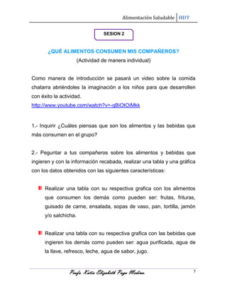 Alimentación Saludable HDT
SESION 2

¿QUÉ ALIMENTOS CONSUMEN MIS COMPAÑEROS?
(Actividad de manera individual)

Como manera de introducción se pasará un video sobre la comida
chatarra abriéndoles la imaginación a los niños para que desarrollen
con éxito la actividad.
http://www.youtube.com/watch?v=-qBiOtOiMkk

1.- Inquirir ¿Cuáles piensas que son los alimentos y las bebidas que
más consumen en el grupo?

2.- Peguntar a tus compañeros sobre los alimentos y bebidas que
ingieren y con la información recabada, realizar una tabla y una gráfica
con los datos obtenidos con las siguientes características:

Realizar una tabla con su respectiva grafica con los alimentos
que consumen los demás como pueden ser: frutas, frituras,
guisado de carne, ensalada, sopas de vaso, pan, tortilla, jamón
y/o salchicha.

Realizar una tabla con su respectiva grafica con las bebidas que
ingieren los demás como pueden ser: agua purificada, agua de
la llave, refresco, leche, agua de sabor, jugo.

Profa. Katia Elizabeth Puga Medina.

7

 