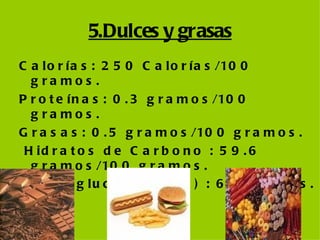 5.Dulces y grasas Calorías: 250  Calorías/100 gramos.      Proteínas :  0.3  gramos/100 gramos.     Grasas :  0.5  gramos/100 gramos.    Hidratos de Carbono  :  59.6  gramos/100 gramos. Índice glucémico (IG)  :  65  gramos. 