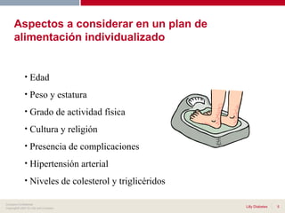 Edad Peso y estatura Grado de actividad física  Cultura y religión Presencia de complicaciones Hipertensión arterial Niveles de colesterol y triglicéridos Aspectos a considerar en un plan de alimentación individualizado 