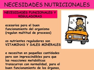 NECESIDADES NUTRICIONALES NECESIDADES FUNCIONALES Y REGULADORAS Necesarios para el buen funcionamiento del organismo (regulan multitud de procesos) Los nutrientes reguladores son VITAMINAS Y SALES MINERALES Se necesitan en pequeñas cantidades pero son imprescindibles para que las reacciones metabólicas transcurran con normalidad, para el buen funcionamiento de los órganos,  y la coordinación entre todo el organismo. 