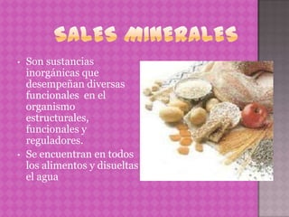 •   Son sustancias
    inorgánicas que
    desempeñan diversas
    funcionales en el
    organismo
    estructurales,
    funcionales y
    reguladores.
•   Se encuentran en todos
    los alimentos y disueltas
    el agua
 