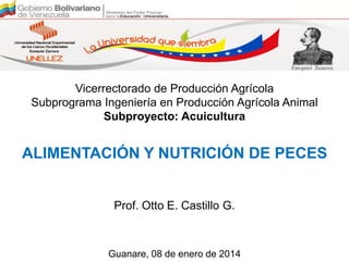 Vicerrectorado de Producción Agrícola
Subprograma Ingeniería en Producción Agrícola Animal
Subproyecto: Acuicultura
ALIMENTACIÓN Y NUTRICIÓN DE PECES
Prof. Otto E. Castillo G.
Guanare, 08 de enero de 2014
 