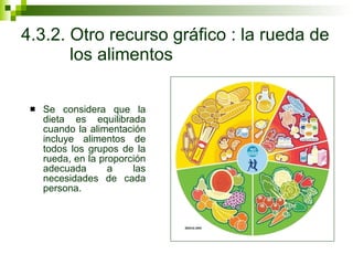 4.3.2. Otro recurso gráfico : la rueda de los alimentos Se considera que la dieta es equilibrada cuando la alimentación incluye alimentos de todos los grupos de la rueda, en la proporción adecuada a las necesidades de cada persona.  