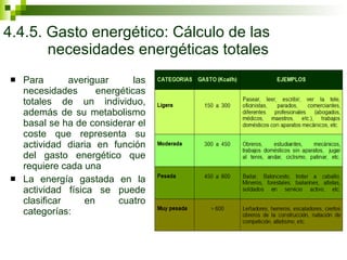 4.4.5. Gasto energético: Cálculo de las necesidades energéticas totales Para averiguar las necesidades energéticas totales de un individuo, además de su metabolismo basal se ha de considerar el coste que representa su actividad diaria en función del gasto energético que requiere cada una La energía gastada en la actividad física se puede clasificar en cuatro categorías: 