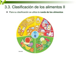 3.3. Clasificación de los alimentos II Para su clasificación se utiliza la  rueda de los alimentos 