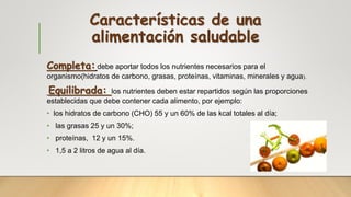 Características de una
alimentación saludable
Completa: debe aportar todos los nutrientes necesarios para el
organismo(hidratos de carbono, grasas, proteínas, vitaminas, minerales y agua).
Equilibrada: los nutrientes deben estar repartidos según las proporciones
establecidas que debe contener cada alimento, por ejemplo:
• los hidratos de carbono (CHO) 55 y un 60% de las kcal totales al día;
• las grasas 25 y un 30%;
• proteínas, 12 y un 15%.
• 1,5 a 2 litros de agua al día.
 