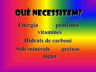 QUè NEcESsITEM?
 Energia       proteïnes
        vitamines
   Hidrats de carboni
Sals minerals    greixos
          aigua
 