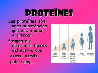 PROTEÏNES
Les proteïnes són
  unes substàncies
  que ens ajuden
  a créixer,
formen els
  diferents teixits
  del nostre cos:
 ossos, nervis,
 pell, sang...
 