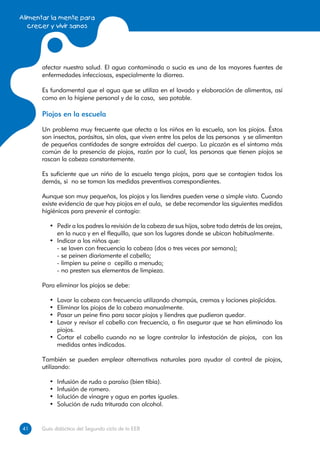 Alimentar la mente para
   crecer y vivir sanos




      afectar nuestra salud. El agua contaminada o sucia es una de las mayores fuentes de
      enfermedades infecciosas, especialmente la diarrea.

      Es fundamental que el agua que se utiliza en el lavado y elaboración de alimentos, así
      como en la higiene personal y de la casa, sea potable.

      Piojos en la escuela

      Un problema muy frecuente que afecta a los niños en la escuela, son los piojos. Éstos
      son insectos, parásitos, sin alas, que viven entre los pelos de las personas y se alimentan
      de pequeñas cantidades de sangre extraídas del cuerpo. La picazón es el síntoma más
      común de la presencia de piojos, razón por la cual, las personas que tienen piojos se
      rascan la cabeza constantemente.

      Es suficiente que un niño de la escuela tenga piojos, para que se contagien todos los
      demás, si no se toman las medidas preventivas correspondientes.

      Aunque son muy pequeños, los piojos y las liendres pueden verse a simple vista. Cuando
      existe evidencia de que hay piojos en el aula, se debe recomendar las siguientes medidas
      higiénicas para prevenir el contagio:

         •	 Pedir a los padres la revisión de la cabeza de sus hijos, sobre todo detrás de las orejas,
            en la nuca y en el flequillo, que son los lugares donde se ubican habitualmente.
         •	 Indicar a los niños que:
         	 -	se laven con frecuencia la cabeza (dos o tres veces por semana);
         	 -	se peinen diariamente el cabello;
         	 -	limpien su peine o cepillo a menudo;
         	 -	no presten sus elementos de limpieza.

      Para eliminar los piojos se debe:

         •	 Lavar la cabeza con frecuencia utilizando champús, cremas y lociones piojicidas.
         •	 Eliminar los piojos de la cabeza manualmente.
         •	 Pasar un peine fino para sacar piojos y liendres que pudieron quedar.
         •	 Lavar y revisar el cabello con frecuencia, a fin asegurar que se han eliminado los
            piojos.
         •	 Cortar el cabello cuando no se logre controlar la infestación de piojos, con las
            medidas antes indicadas.

      También se pueden emplear alternativas naturales para ayudar al control de piojos,
      utilizando:

         •	   Infusión de ruda o paraíso (bien tibia).
         •	   Infusión de romero.
         •	   Iolución de vinagre y agua en partes iguales.
         •	   Solución de ruda triturada con alcohol.


41
41    Guía didáctica del Segundo ciclo de la EEB
 