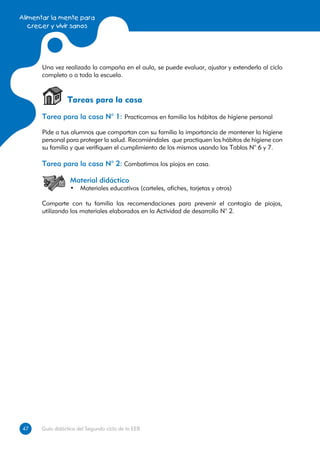 Alimentar la mente para
   crecer y vivir sanos




      Una vez realizada la campaña en el aula, se puede evaluar, ajustar y extenderla al ciclo
      completo o a toda la escuela.



                Tareas para la casa
      Tarea para la casa N° 1: Practicamos en familia los hábitos de higiene personal

      Pide a tus alumnos que compartan con su familia la importancia de mantener la higiene
      personal para proteger la salud. Recomiéndales que practiquen los hábitos de higiene con
      su familia y que verifiquen el cumplimiento de los mismos usando las Tablas N° 6 y 7.

      Tarea para la casa N° 2: Combatimos los piojos en casa.

                  Material didáctico
                  •	 Materiales educativos (carteles, afiches, tarjetas y otros)

      Comparte con tu familia las recomendaciones para prevenir el contagio de piojos,
      utilizando los materiales elaborados en la Actividad de desarrollo N° 2.




47
47    Guía didáctica del Segundo ciclo de la EEB
 