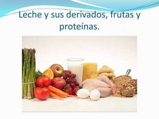 Leche y sus derivados, frutas y
          proteínas.
 