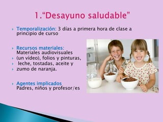    Temporalización: 3 días a primera hora de clase a
    principio de curso


   Recursos materiales:
    Materiales audiovisuales
   (un vídeo), folios y pinturas,
    leche, tostadas, aceite y
   zumo de naranja.


   Agentes implicados
    Padres, niños y profesor/es
 