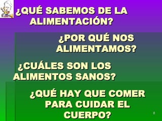 ¿QUÉ SABEMOS DE LA ALIMENTACIÓN? ¿POR QUÉ NOS ALIMENTAMOS? ¿CUÁLES SON LOS ALIMENTOS SANOS? ¿QUÉ HAY QUE COMER PARA CUIDAR EL CUERPO? 