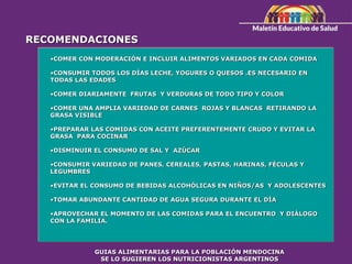 RECOMENDACIONES
•COMER CON MODERACIÓN E INCLUIR ALIMENTOS VARIADOS EN CADA COMIDA
•CONSUMIR TODOS LOS DÍAS LECHE, YOGURES O QUESOS .ES NECESARIO EN
TODAS LAS EDADES
•COMER DIARIAMENTE FRUTAS Y VERDURAS DE TODO TIPO Y COLOR
•COMER UNA AMPLIA VARIEDAD DE CARNES ROJAS Y BLANCAS RETIRANDO LA
GRASA VISIBLE
•PREPARAR LAS COMIDAS CON ACEITE PREFERENTEMENTE CRUDO Y EVITAR LA
GRASA PARA COCINAR
•DISMINUIR EL CONSUMO DE SAL Y AZÚCAR
•CONSUMIR VARIEDAD DE PANES, CEREALES, PASTAS, HARINAS, FÉCULAS Y
LEGUMBRES
•EVITAR EL CONSUMO DE BEBIDAS ALCOHÓLICAS EN NIÑOS/AS Y ADOLESCENTES
•TOMAR ABUNDANTE CANTIDAD DE AGUA SEGURA DURANTE EL DÍA
•APROVECHAR EL MOMENTO DE LAS COMIDAS PARA EL ENCUENTRO Y DIÁLOGO
CON LA FAMILIA.
GUIAS ALIMENTARIAS PARA LA POBLACIÓN MENDOCINA
SE LO SUGIEREN LOS NUTRICIONISTAS ARGENTINOS
 