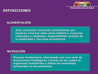 Acto voluntario conciente condicionado por
factores externos tales como hábitos y creencias
culturales y religiosas, disponibilidad, presión de
la publicidad y recursos económicos.
DEFINICIONES
NUTRICIÓN
Proceso involuntario relacionado con una serie de
mecanismos fisiológicos a través de los cuales el
organismo transforma y utiliza los nutrientes
contenidos en los alimentos.
ALIMENTACIÓN
 