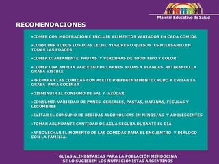 RECOMENDACIONES
RECOMENDACIONES
•COMER CON MODERACIÓN E INCLUIR ALIMENTOS VARIADOS EN CADA COMIDA
COMER CON MODERACIÓN E INCLUIR ALIMENTOS VARIADOS EN CADA COMIDA
•CONSUMIR TODOS LOS DÍAS LECHE, YOGURES O QUESOS .ES NECESARIO EN
CONSUMIR TODOS LOS DÍAS LECHE, YOGURES O QUESOS .ES NECESARIO EN
TODAS LAS EDADES
TODAS LAS EDADES
•COMER DIARIAMENTE FRUTAS Y VERDURAS DE TODO TIPO Y COLOR
COMER DIARIAMENTE FRUTAS Y VERDURAS DE TODO TIPO Y COLOR
•COMER UNA AMPLIA VARIEDAD DE CARNES ROJAS Y BLANCAS RETIRANDO LA
COMER UNA AMPLIA VARIEDAD DE CARNES ROJAS Y BLANCAS RETIRANDO LA
GRASA VISIBLE
GRASA VISIBLE
•PREPARAR LAS COMIDAS CON ACEITE PREFERENTEMENTE CRUDO Y EVITAR LA
PREPARAR LAS COMIDAS CON ACEITE PREFERENTEMENTE CRUDO Y EVITAR LA
GRASA PARA COCINAR
GRASA PARA COCINAR
•DISMINUIR EL CONSUMO DE SAL Y AZÚCAR
DISMINUIR EL CONSUMO DE SAL Y AZÚCAR
•CONSUMIR VARIEDAD DE PANES, CEREALES, PASTAS, HARINAS, FÉCULAS Y
CONSUMIR VARIEDAD DE PANES, CEREALES, PASTAS, HARINAS, FÉCULAS Y
LEGUMBRES
LEGUMBRES
•EVITAR EL CONSUMO DE BEBIDAS ALCOHÓLICAS EN NIÑOS/AS Y ADOLESCENTES
EVITAR EL CONSUMO DE BEBIDAS ALCOHÓLICAS EN NIÑOS/AS Y ADOLESCENTES
•TOMAR ABUNDANTE CANTIDAD DE AGUA SEGURA DURANTE EL DÍA
TOMAR ABUNDANTE CANTIDAD DE AGUA SEGURA DURANTE EL DÍA
•APROVECHAR EL MOMENTO DE LAS COMIDAS PARA EL ENCUENTRO Y DIÁLOGO
APROVECHAR EL MOMENTO DE LAS COMIDAS PARA EL ENCUENTRO Y DIÁLOGO
CON LA FAMILIA.
CON LA FAMILIA.
GUIAS ALIMENTARIAS PARA LA POBLACIÓN MENDOCINA
GUIAS ALIMENTARIAS PARA LA POBLACIÓN MENDOCINA
SE LO SUGIEREN LOS NUTRICIONISTAS ARGENTINOS
SE LO SUGIEREN LOS NUTRICIONISTAS ARGENTINOS
 