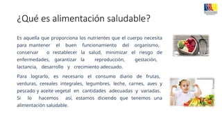 ¿Qué es alimentación saludable?
Es aquella que proporciona los nutrientes que el cuerpo necesita
para mantener el buen funcionamiento del organismo,
conservar o restablecer la salud, minimizar el riesgo de
enfermedades, garantizar la reproducción, gestación,
lactancia, desarrollo y crecimiento adecuado.
Para lograrlo, es necesario el consumo diario de frutas,
verduras, cereales integrales, legumbres, leche, carnes, aves y
pescado y aceite vegetal en cantidades adecuadas y variadas.
Si lo hacemos así, estamos diciendo que tenemos una
alimentación saludable.
 