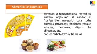 Permiten el funcionamiento normal de
nuestro organismo al aportar el
‘combustible’ necesario para todas
nuestras actividades cotidianas: trabajar,
estudiar, descansar, digerir los
alimentos, etc.
Son los carbohidratos y las grasas.
Alimentos energéticos
 
