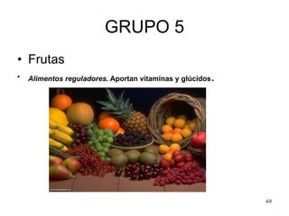 GRUPO 5 Frutas  Alimentos reguladores.  Aportan vitaminas y glúcidos . 