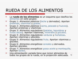 RUEDA DE LOS ALIMENTOS La  rueda de los alimentos  es un esquema que clasifica los  alimentos  en siete grupos: Grupo 1:  Alimentos plásticos  ( leche  y derivados). Aportan  proteínas ,  vitaminas  y  grasas .  Grupo 2:  Alimentos plásticos  ( carne ,  pescado  y  huevos ). Aportan proteínas y vitaminas.  Grupo 3:  Alimentos reguladores  ( patatas ,  legumbres  y  frutos secos ). Aportan vitaminas,  minerales  y  glúcidos .  Grupo 4:  Alimentos reguladores   verduras  y  hortalizas . Aportan vitaminas y glúcidos.  Grupo 5:  Alimentos reguladores   fruta . Aportan vitaminas y glúcidos.  Grupo 6:  Alimentos energéticos   cereales  y derivados. Aportan glúcidos.  Grupo 7:  Alimentos energéticos   grasa   aceite  y  mantequilla . Aportan  lípidos .  Una alimentación variada tiene que incluir alimentos de todos los grupos de la rueda, en la proporción adecuada. 