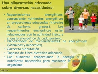 Una alimentación adecuada
cubre diversas necesidades:
• Requerimientos
energéticos,
consumiendo nutrientes energéticos
en proporciones adecuadas (hidratos
de
carbono,
grasas).
Los
requerimientos energéticos están
relacionados con la actividad física y
el gasto energético de cada persona.
• Necesidades de micronutrientes no energéticos
(vitaminas y minerales).
• Correcta hidratación.
• Ingesta de fibra dietética adecuada.
• Los alimentos proporcionan la energía y los
nutrientes necesarios para mantener la salud del
organismo.

 