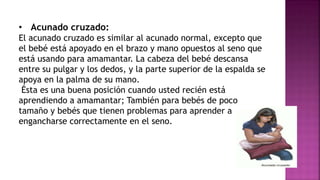 • Acunado cruzado:
El acunado cruzado es similar al acunado normal, excepto que
el bebé está apoyado en el brazo y mano opuestos al seno que
está usando para amamantar. La cabeza del bebé descansa
entre su pulgar y los dedos, y la parte superior de la espalda se
apoya en la palma de su mano.
Ésta es una buena posición cuando usted recién está
aprendiendo a amamantar; También para bebés de poco
tamaño y bebés que tienen problemas para aprender a
engancharse correctamente en el seno.
 