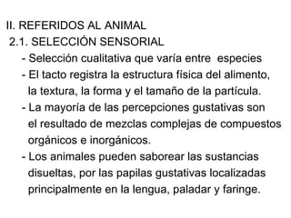 II. REFERIDOS AL ANIMAL
 2.1. SELECCIÓN SENSORIAL
    - Selección cualitativa que varía entre especies
    - El tacto registra la estructura física del alimento,
      la textura, la forma y el tamaño de la partícula.
    - La mayoría de las percepciones gustativas son
      el resultado de mezclas complejas de compuestos
      orgánicos e inorgánicos.
    - Los animales pueden saborear las sustancias
      disueltas, por las papilas gustativas localizadas
      principalmente en la lengua, paladar y faringe.
 