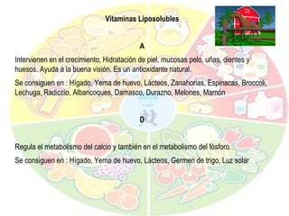 Vitaminas Liposolubles A Intervienen en el crecimiento, Hidratación de piel, mucosas pelo, uñas, dientes y huesos. Ayuda a la buena visión. Es un antioxidante natural. Se consiguen en : Hígado, Yema de huevo, Lácteos, Zanahorias, Espinacas, Broccoli, Lechuga, Radiccio, Albaricoques, Damasco, Durazno, Melones, Mamón D Regula el metabolismo del calcio y también en el metabolismo del fósforo. Se consiguen en : Hígado, Yema de huevo, Lácteos, Germen de trigo, Luz solar 