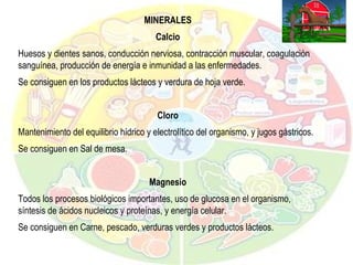 MINERALES Calcio Huesos y dientes sanos, conducción nerviosa, contracción muscular, coagulación sanguínea, producción de energía e inmunidad a las enfermedades. Se consiguen en los productos lácteos y verdura de hoja verde. Cloro Mantenimiento del equilibrio hídrico y electrolítico del organismo, y jugos gástricos.  Se consiguen en Sal de mesa. Magnesio Todos los procesos biológicos importantes, uso de glucosa en el organismo, síntesis de ácidos nucleicos y proteínas, y energía celular. Se consiguen en Carne, pescado, verduras verdes y productos lácteos. 