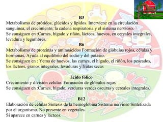 B3 Metabolismo de prótidos, glúcidos y lípidos. Interviene en la circulación sanguínea, el crecimiento, la cadena respiratoria y el sistema nervioso. Se consiguen en :Carnes, hígado y riñón, lácteos, huevos, en cereales integrales, levadura y legumbres. B6 Metabolismo de proteínas y aminoácidos Formación de glóbulos rojos, células y hormonas. Ayuda al equilibrio del sodio y del potasio. Se consiguen en : Yema de huevos, las carnes, el hígado, el riñón, los pescados, los lácteos, granos integrales, levaduras y frutas secas ácido fólico Crecimiento y división celular. Formación de glóbulos rojos Se consiguen en :Carnes, hígado, verduras verdes oscuras y cereales integrales. B12 Elaboración de células Síntesis de la hemoglobina Sistema nervioso Sintetizada por el organismo. No presente en vegetales.   Si aparece en carnes y lácteos. 