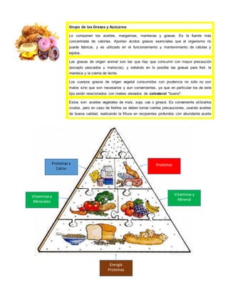 Proteínas y
Calcio
Proteínas
Energía
Proteínas
Vitaminas y
Minerales
Vitaminas y
Mineral
Grupo de las Grasas y Azúcares:
Lo componen los aceites, margarinas, mantecas y grasas. Es la fuente más
concentrada de calorías. Aportan ácidos grasos esenciales que el organismo no
puede fabricar, y es utilizado en el funcionamiento y mantenimiento de células y
tejidos.
Las grasas de origen animal son las que hay que consumir con mayor precaución
(excepto pescados y mariscos), y evitando en lo posible las grasas para freír, la
manteca y la crema de leche.
Los cuerpos grasos de origen vegetal consumidos con prudencia no sólo no son
malos sino que son necesarios y aun convenientes, ya que en particular los de este
tipo están relacionados con niveles elevados de colesterol "bueno".
Estos son: aceites vegetales de maíz, soja, uva o girasol. Es conveniente utilizarlos
crudos, pero en caso de freírlos se deben tomar ciertas precauciones, usando aceites
de buena calidad, realizando la fritura en recipientes profundos con abundante aceite
y a fuego moderado, y no reutilizar el aceite quemado.
La manteca tampoco es recomendable para su fritura, y las margarinas (de origen
vegetal) de mesa untables que se conservan blandas son las más recomendables, no
así la margarina de cocina que es una grasa más.
Colesterol LDL o malo : Manteca, frituras, fiambres, carnes grasas, yema de huevo,
grasas animales, grasas saturadas( galletitas rellenas, tartas, se utiliza grasa
vacuna).
Colesterol HDL o bueno : Pescado, aceite vegetal, vegetales y legumbres,
carnes magras( lomo, bife angosto, peceto, nalga), clara de huevo, cereales y
derivados.
Los alimentos de este grupo cumplen función energética y ocupan la parte alta de la
pirámide.
 