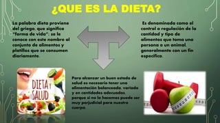 ¿QUE ES LA DIETA?
La palabra dieta proviene
del griego, que significa
“forma de vida”; se le
conoce con este nombre al
conjunto de alimentos y
platillos que se consumen
diariamente.
Es denominada como el
control o regulación de la
cantidad y tipo de
alimentos que toma una
persona o un animal,
generalmente con un fin
específico.
Para alcanzar un buen estado de
salud es necesario tener una
alimentación balanceada, variada
y en cantidades adecuadas.
porque si no lo hacemos puede ser
muy perjudicial para nuestro
cuerpo.
 