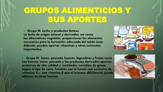 GRUPOS ALIMENTICIOS Y
SUS APORTES
• Grupo III: Leche y productos lácteos
La leche de origen animal y derivados, así como
las alternativas vegetales, proporcionan los elementos
necesarios para la formación adecuada del tejido óseo.
Además, pueden aportar vitaminas y otros nutrientes
importantes.
• Grupo IV: Carne, pescado, huevos, legumbres y frutos secos
Los huevos, carne, pescado y los productos derivados aportan
proteínas de alta calidad y cantidades variables de grasa,
según el tipo de corte. También son la fuente casi exclusiva de
vitamina B12, una vitamina B que el humano difícilmente puede
obtener de otras fuentes.
 