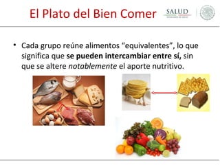 El Plato del Bien Comer
• Cada grupo reúne alimentos “equivalentes”, lo que
significa que se pueden intercambiar entre sí, sin
que se altere notablemente el aporte nutritivo.

 
