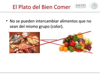 El Plato del Bien Comer
• No se pueden intercambiar alimentos que no
sean del mismo grupo (color).

 