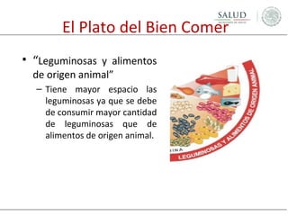 El Plato del Bien Comer
• “Leguminosas y alimentos
de origen animal”

– Tiene mayor espacio las
leguminosas ya que se debe
de consumir mayor cantidad
de leguminosas que de
alimentos de origen animal.

 