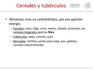 Cereales y tubérculos
• Alimentos ricos en carbohidratos, por eso aportan
energía.
– Cereales: maíz, trigo, arroz, avena, cebada, amaranto, los
cereales integrales aportan fibra
– Tubérculos: papa, camote, yuca
– Derivados: tortillas, pastas para sopa, pan, galletas,
cereales industrializados

 