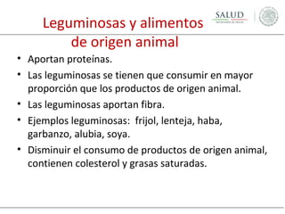 Leguminosas y alimentos
de origen animal
• Aportan proteínas.
• Las leguminosas se tienen que consumir en mayor
proporción que los productos de origen animal.
• Las leguminosas aportan fibra.
• Ejemplos leguminosas: frijol, lenteja, haba,
garbanzo, alubia, soya.
• Disminuir el consumo de productos de origen animal,
contienen colesterol y grasas saturadas.

 