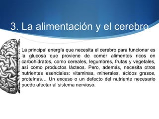 3. La alimentación y el cerebro
La principal energía que necesita el cerebro para funcionar es
la glucosa que proviene de comer alimentos ricos en
carbohidratos, como cereales, legumbres, frutas y vegetales,
así como productos lácteos. Pero, además, necesita otros
nutrientes esenciales: vitaminas, minerales, ácidos grasos,
proteínas… Un exceso o un defecto del nutriente necesario
puede afectar al sistema nervioso.

 