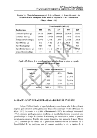 XIV Curso de Especialización
                             AVANCES EN NUTRICIÓN Y ALIMENTACIÓN ANIMAL


    Cuadro 14.- Efecto de la granulometría de la ración sobre el desarrollo y sobre las
      características de los órganos de los pollos de engorde de 21 a 42 días de edad
                                  (Magro y Penz, 1998)


                                              Granulometría (micras)
  Parámetros                    337          574         679         777         867
  Consumo pienso (g)           2412 b      2414 b      2444 ab     2604 ab      2623 a
  Ganancia peso (g)            1430 b     1529 ab      1543 ab     1569 a       1613 a
  Índice conversión (g/g)      1,69 a      1,58 b      1,59 b      1,66 ab     1,63 ab
  Peso Molleja (g)              26 d        36 bc        35 c       41 ab        42 a
  Peso Pechuga (g)              466          486         491         484         501
  Peso Pierna/muslos (g)       470 b        513 a      496 ab      501 ab       509 ab




                                             
  Grasa Abdominal (g)            47          45          48           49          49

                               
      Cuadro 15.- Efecto de la granulometría de la harina de carne sobre su energía
                              metabolizable (Brugalli, 1996)
                  
               Granulometría            Niveles de Sustitución
                   (micras               20%             40%          Media
                      590                2.370           1880        2.130 b


                      510                2.800           2490        2.650 a
                      420                2.620           2440        2.530 a
                             Media      2.600 a         2.270 b




6.- GRANULACIÓN DE LAS DIETAS PARA POLLOS DE ENGORDE


        Bolton (1960) atribuyó a la hiperfagia la mejora en el desarrollo de los pollos de
engorde que consumen dietas granuladas. Esos datos coinciden con los obtenidos por
Klein (1995), Lecznieski et al. (1996) y Maiorka et al. (1997). Sin embargo, Jensen et al.
(1962) afirmaron que la granulación no afecta a la cantidad de alimento consumido sino
que disminuye el tiempo de consumo de alimento y, en consecuencia, reduce el gasto de
energía para consumo, dejando más energía disponible para ganancia de peso. Moran
(1987) comentó que la ventaja de la granulación también está en el aumento de la
digestibilidad de los nutrientes por el proceso mecánico y por la acción de la
 