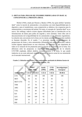 XIV Curso de Especialización
                              AVANCES EN NUTRICIÓN Y ALIMENTACIÓN ANIMAL




3.- DIETAS PARA POLLOS DE ENGORDE FORMULADAS EN BASE AL
   CONCEPTO DE LA PROTEÍNA IDEAL


        Michel (1964), citado por Parsons y Backer (1994), fue quien definió “proteína
ideal” como la mezcla de aminoácidos o de proteínas con total disponibilidad para la
digestión y para el metabolismo, cuya composición es idéntica a las exigencias para la
mantenimiento y crecimiento del animal. Por tanto, el concepto de “proteína ideal” no es
nuevo. Sin embargo, todavía existen algunas dificultades para su introducción en las
formulaciones de dietas para pollos de engorde y otros animales. Entre ellas está el
desconocimiento de la digestibilidad de los aminoácidos en los diferentes ingredientes.
La relación más conveniente de la lisina con los demás aminoácidos esenciales también
es bastante discutida. En el cuadro 3 se presentan algunas recomendaciones de




                                             
proporciones de lisina y otros aminoácidos (Schutte). Como puede observarse, todavía
existen algunas imprecisiones en esas relaciones. Sin embargo, la más importante de
todas es la variación de las propuestas para la relación de la treonina con la lisina. Esa
diferencia entre las propuestas es importante pues, dependiendo de la relación
                                
LYS:THR empleada, deberá añadirse treonina sintética a la dieta, lo que puede
traducirse en un coste adicional, teniendo en cuenta el precio actual de ese aminoácido
en el mercado internacional.
                  
  Cuadro 3.- Relación entre lisina y otros aminoácidos, partiendo de distintas fuentes de
                                información (Schutte, sd.)


                            Baker


                                             Austic        CVB       Investigaciones
                         (1994, 1996)        (1994)       (1996)       Europeas*
    Aminoácidos        1-21 d    22-42 d     1-21 d       1-42 d          20-40 d
    LYS                 100        100         100          100             100
    MET                  36         36          38          38               -
    MET+CYS              72         75          72          73               75
    THR                  67         70          62          65               63
    ARG                 105        108          96          105             112
    VAL                  77         80          69          80               81
    ILE                  67         69          65          66               71
    LEU                 109        109          92           -               -
    TRP                  16         17          18          16               19
    HIS                  32         32          24           -               -
 