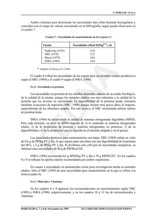 FEDNA
P. PÉREZ DE AYALA
BARCELONA, 7 y 8 de Noviembre de 1995 XI CURSO DE ESPECIALIZACION FEDNA
Ambos sistemas para determinar las necesidades dan cifras bastante homogéneas y
coinciden con el rango de valores encontrado en la bibliografía, según puede observarse en
el cuadro 7.
Cuadro 7.- Necesidades de mantenimiento de las yeguas (*)
Fuente Necesidades (Mcal ED/kg0,75
y d)
Nedkvitne (1976)
NRC (1978)
Meyer (1979)
INRA (1984)
13,8
15,5
14,0
14,0
* Adaptado de Doreau et al. (1988)
El cuadro 8 refleja las necesidades de las yeguas para sus distintos estados productivos
según el NRC (1989) y el cuadro 9 según el INRA (1990).
5.1.2.- Necesidades en proteína
Las necesidades en proteína de los caballos dependen, además de su estado fisiológico,
de la calidad de la misma, aunque los animales adultos son más tolerantes a la calidad de la
proteína que los jóvenes en crecimiento. La digestibilidad de la proteína puede estimarse
mediante ecuaciones de regresión (NRC, 1989) aunque existen muy pocos datos al respecto,
especialmente de los alimentos simples. Por este motivo, el NRC recomienda utilizar valores
de proteína bruta.
INRA (1984) ha desarrollado la unidad de materias nitrogenadas digestibles (MND).
Para cada alimento, su nivel de MND depende de 1) el contenido en materias nitrogenadas
totales, 2) de la proporción de proteína y materias nitrogenadas no proteicas, 3) de su
digestibilidad y 4) de la proporción que es digerida en el intestino delgado y en el grueso.
Las necesidades proteicas para mantenimiento son bajas. NRC (1989) señala un valor
de 0,6 g de PD/kg PV y día, lo que supone para una dieta con una digestibilidad de la proteína
del 46%, 1,3 g de PB/kg PV y día. Si dividimos esta cifra por las necesidades energéticas, se
obtienen unas necesidades de 40 g de PB/Mcal ED.
INRA (1990) recomienda 0,6 g MND/kg PV y día o 78 g MND/UFC. En los cuadros
8 y 9 se reflejan los aportes diarios recomendados por ambos organismos.
En cuanto a necesidades en aminoácidos existe poca investigación hecha en animales
adultos. Sólo el NRC (1989) da unas necesidades para mantenimiento en lo que se refiere a la
lisina (cuadro 8).
5.1.3.- Minerales y Vitaminas
En los cuadros 8 y 9 aparecen las recomendaciones en macrominerales según NRC
(1989) e INRA (1990), respectivamente, y en los cuadros 10 y 11 las de microminerales y
vitaminas.
 