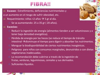 FIBRA!!Escasez:  Estreñimiento, deficiencias nutrimentales y a un aumento en el riesgo de sufrir obesidad, etc.Requerimiento: niños >2 años  5 gr al día.Se va aumentando: 25 a 35 gr ( 20 años).Excesivo: Reducir la ingestión de energía (alimentos tienden a ser voluminosos y a tener baja densidad energética).Pérdida de energía por las heces (se reduce el tiempo de tránsito intestinal disminuye el tiempo para digerir y absorber los nutrimentos. Menguar la biodisponibilidad de ciertos nutrimentos inorgánicos. Peligroso  para niños con consumos marginales, desnutridos o con dietas vegetarianas inadecuadas.La recomendación debe cubrirse a través de la ingestión de frutas, verduras, leguminosas, cereales y sus derivados.Suficientes líquidos.