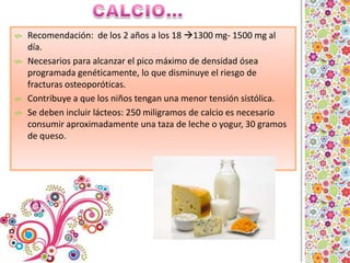 CALCIO…Recomendación:  de los 2 años a los 18 1300 mg- 1500 mg al día.Necesarios para alcanzar el pico máximo de densidad ósea programada genéticamente, lo que disminuye el riesgo de fracturas osteoporóticas. Contribuye a que los niños tengan una menor tensión sistólica.Se deben incluir lácteos: 250 miligramos de calcio es necesario consumir aproximadamente una taza de leche o yogur, 30 gramos de queso.