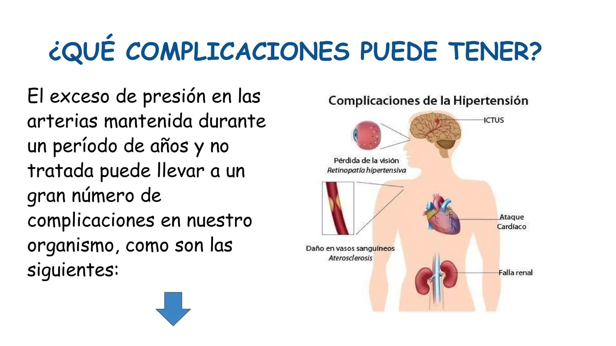 ¿QUÉ COMPLICACIONES PUEDE TENER?
El exceso de presión en las
arterias mantenida durante
un período de años y no
tratada puede llevar a un
gran número de
complicaciones en nuestro
organismo, como son las
siguientes:
 
