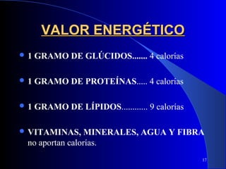 VALOR ENERGÉTICO
1   GRAMO DE GLÚCIDOS....... 4 calorías

1   GRAMO DE PROTEÍNAS..... 4 calorías

1   GRAMO DE LÍPIDOS............ 9 calorías

 VITAMINAS,    MINERALES, AGUA Y FIBRA
 no aportan calorías.
                                               17
 