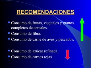 RECOMENDACIONES
 Consumo  de frutas, vegetales y granos
  completos de cereales.
 Consumo de fibra.
 Consumo de carne de aves y pescados.


 Consumo de azúcar refinada.
 Consumo de carnes rojas

                                           19
 